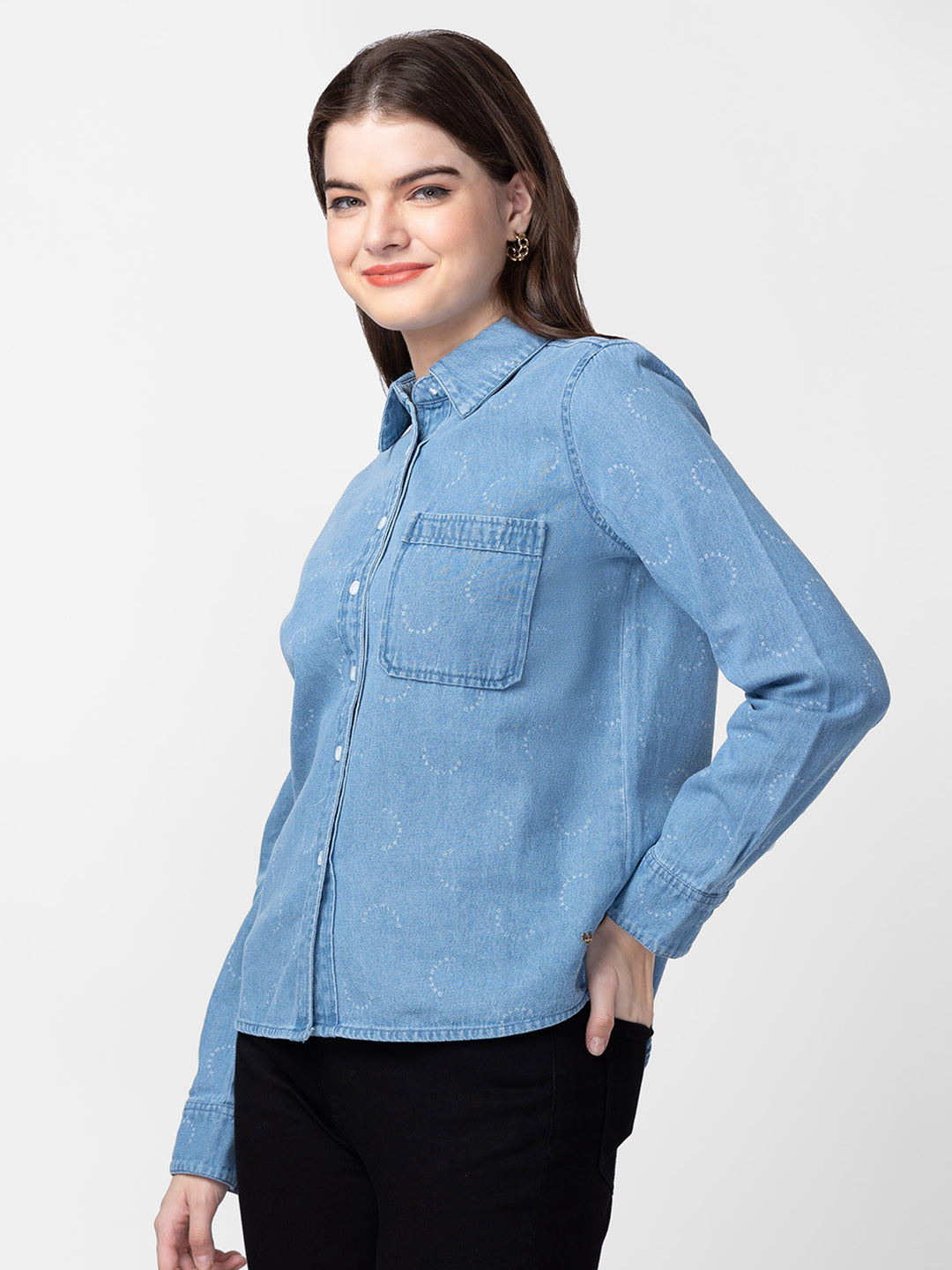 Women's Sky Blue V-Shape Stitching Puff Sleeve Denim Shirt Casual  Shirtcolla Solid Long Sleeve Blouse Tops at  Women's Clothing store
