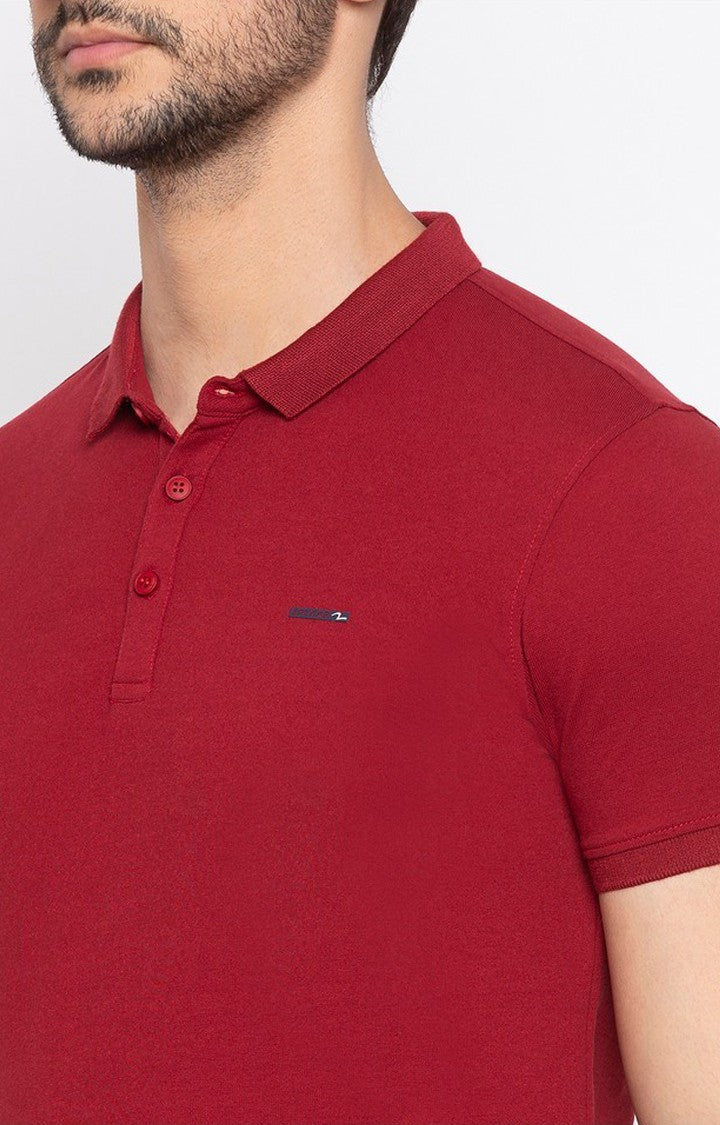 Spykar Men Red Cotton Slim Fit Polo T-Shirt