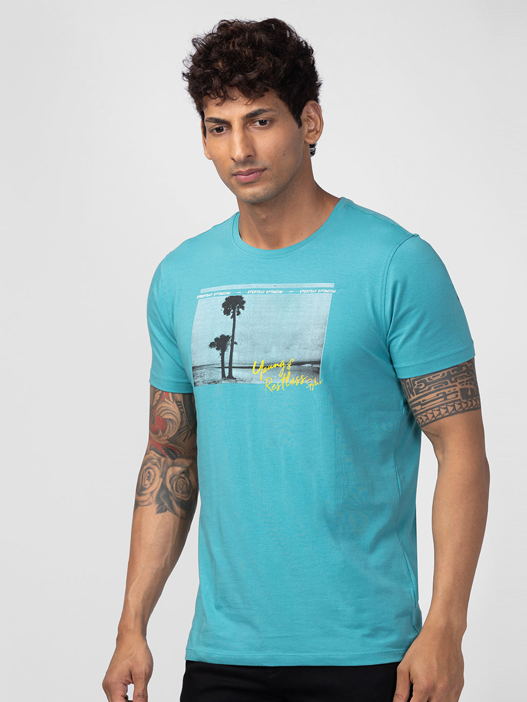 Spykar Men Dusty Turquoise Cotton Regular Fit Half Sleeve Printed T-Shirt