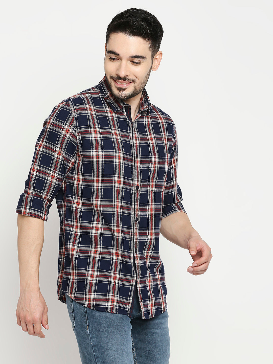 Spykar Navy Rust Cotton Full Sleeve Checkered Shirt For Men