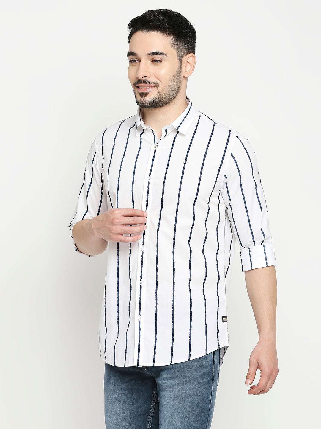 Spykar White Cotton Full Sleeve Striped Shirt For Men