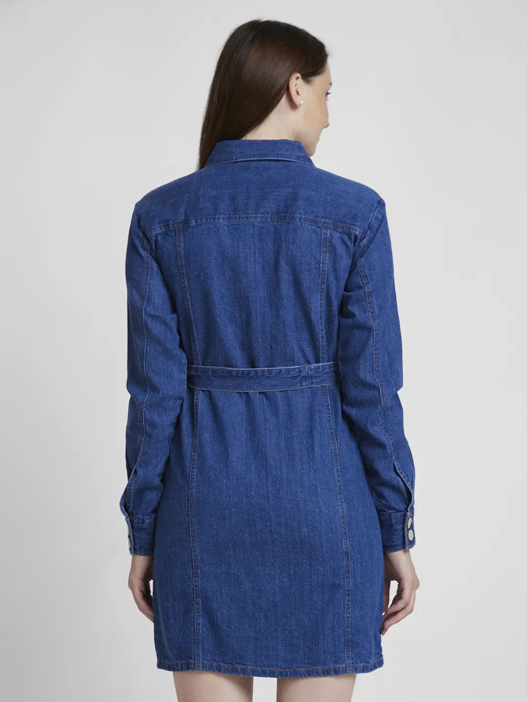 Spykar Women Mid Blue Cotton Regular Fit Classic Collar Knee Length Denim Dress