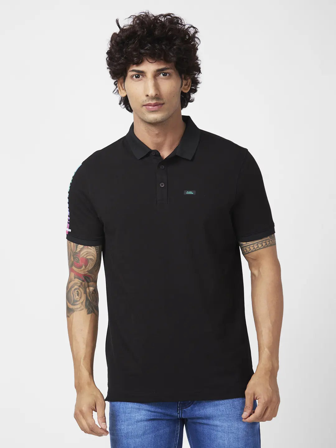 Spykar Men Black Blended Slim Fit Half Sleeve Polo Neck Casual Plain Polo Tshirt