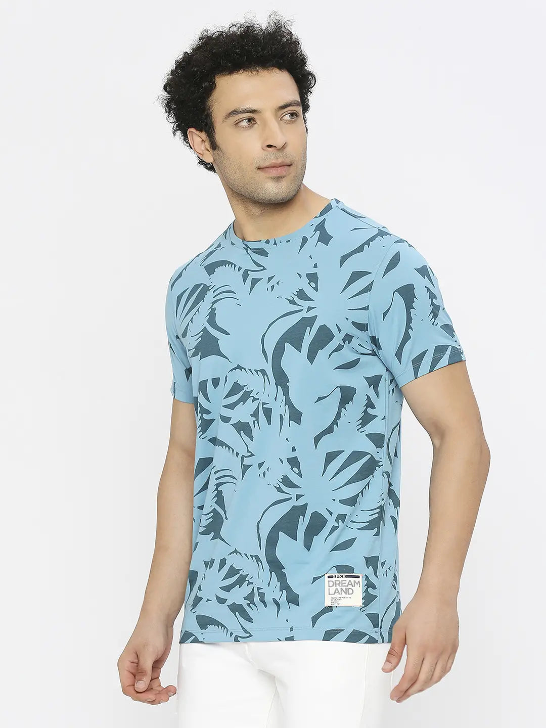 Spykar Men Haze Blue Blended Regular Fit Half Sleeve Floral Print Round Neck Tshirt