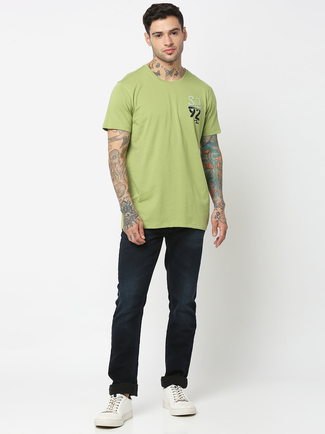 Spykar Men Dusty Green Cotton Slim Fit Round Neck Plain T-Shirt