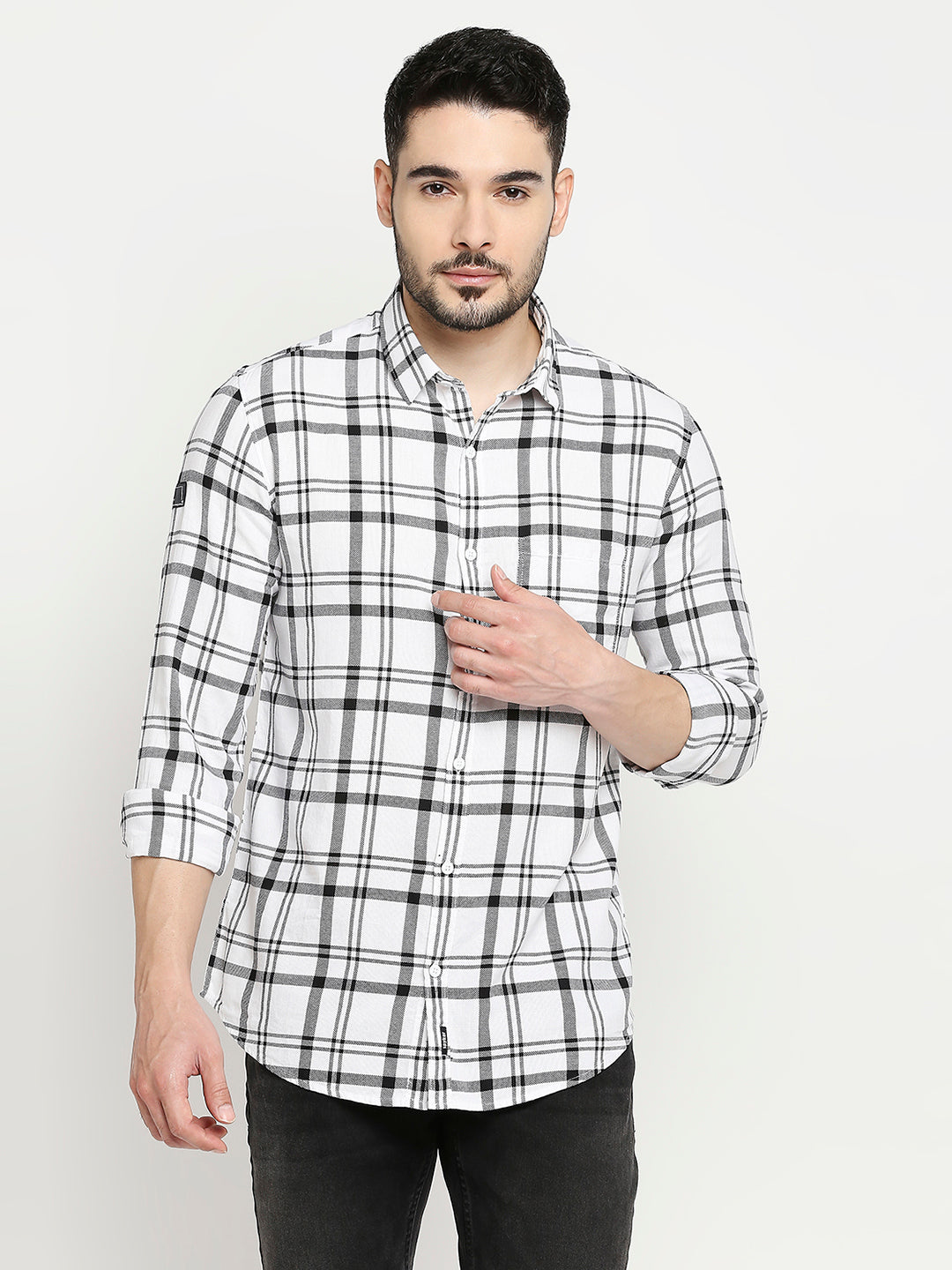 Spykar White Cotton Full Sleeve Checkered Shirt For Men