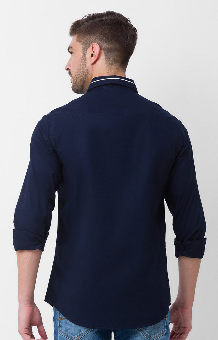 Spykar Navy Blue Cotton Full Sleeve Plain Shirt For Men