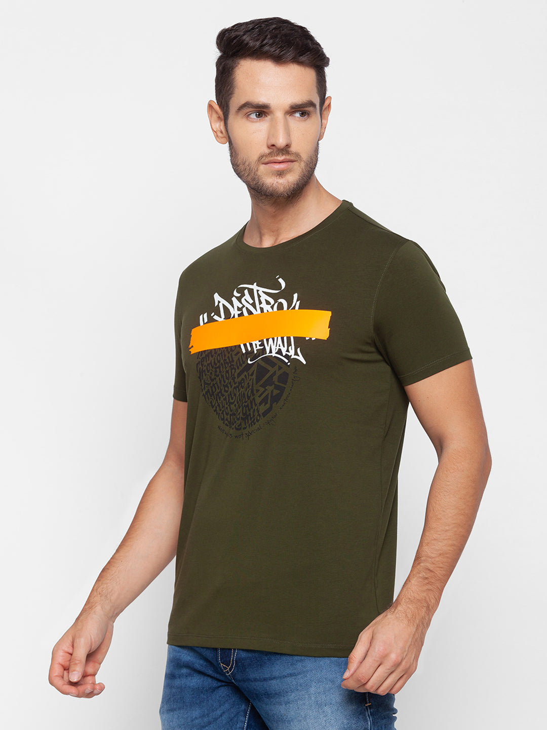 Spykar Men Green Cotton Slim Fit Round Neck T-Shirt