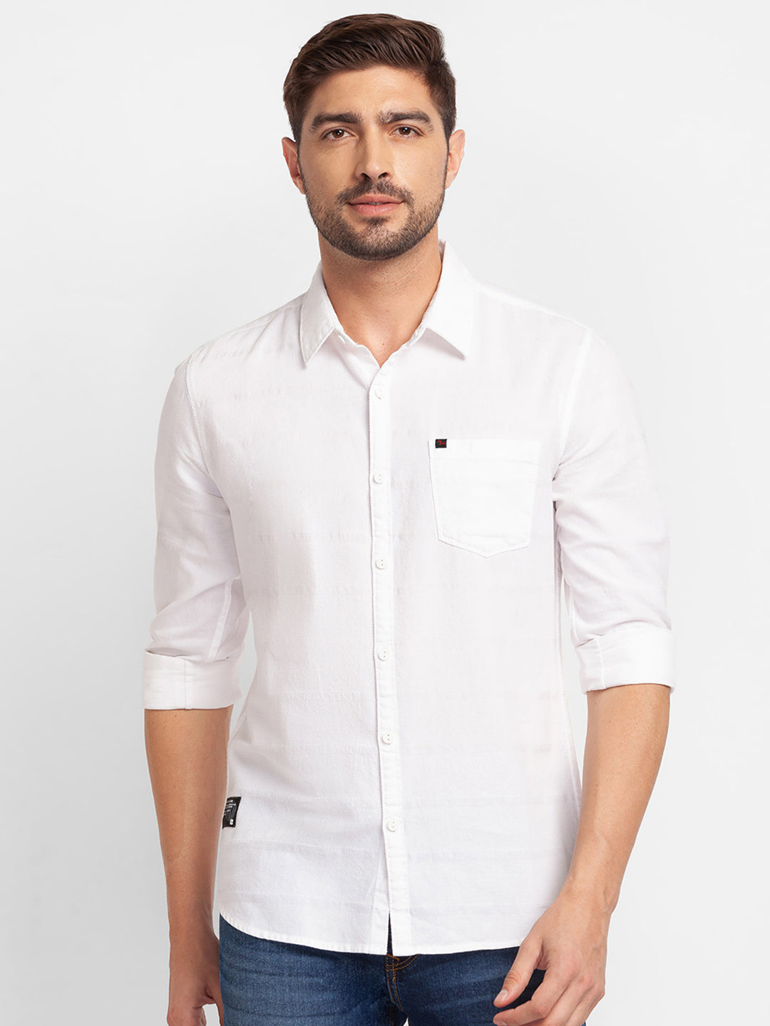 Spykar White Cotton Full Sleeve Plain Shirt For Men