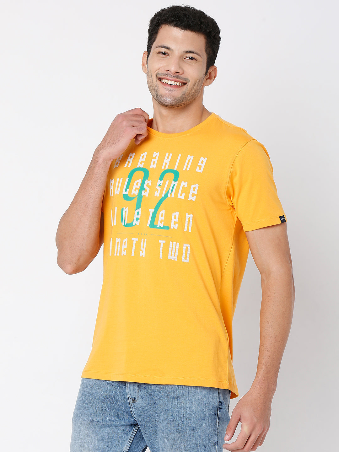 Spykar Gold Yellow Cotton Half Sleeve Printed Casual T-shirt For Men
