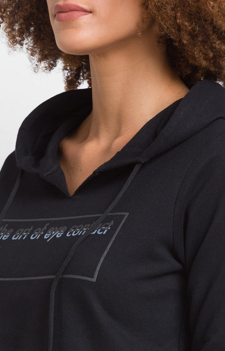 Spykar Black Cotton Blend Full Sleeve Hooded Sweatshirts For Women
