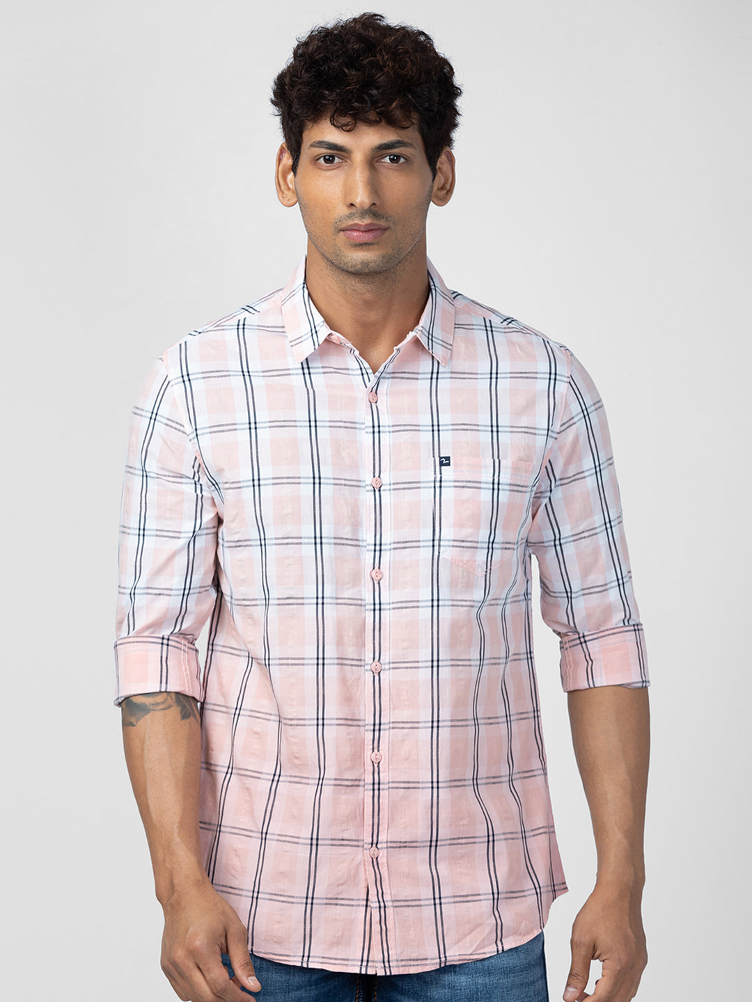 Spykar Men Peach Cotton Slim Fit Checkered Shirt