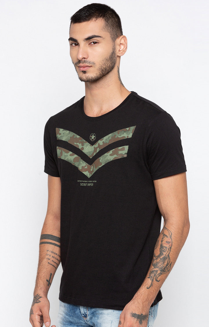 Spykar Black Printed Slim Fit Men T-Shirts