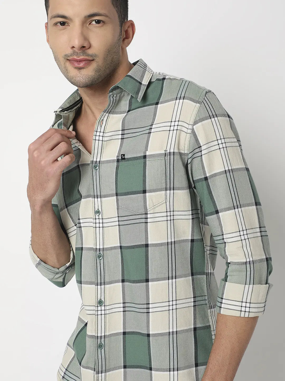 Spykar Men Sage Green Cotton Slim Fit Checkered Shirt