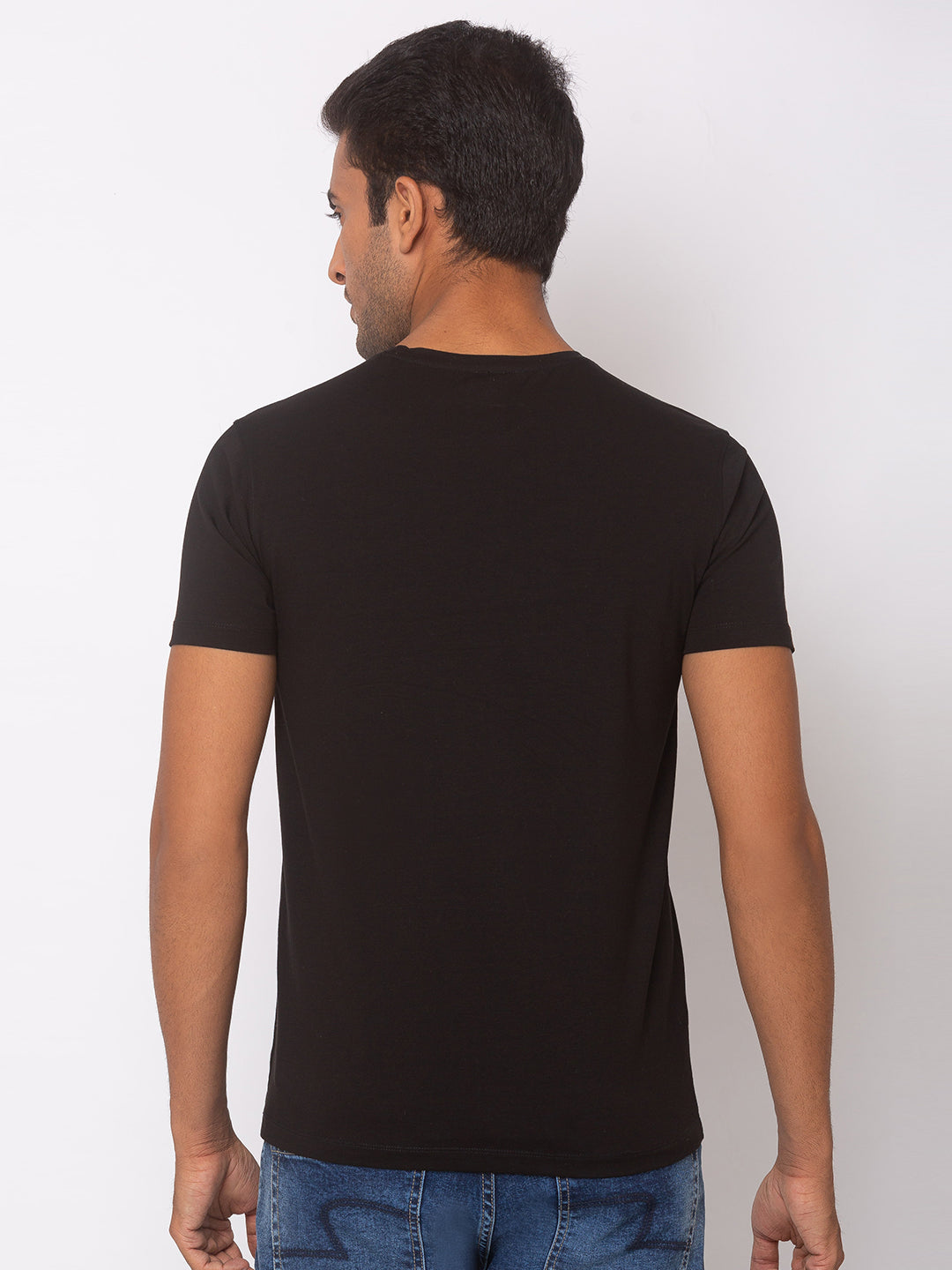 Spykar Men Black Cotton Slim Fit Round Neck T-Shirt