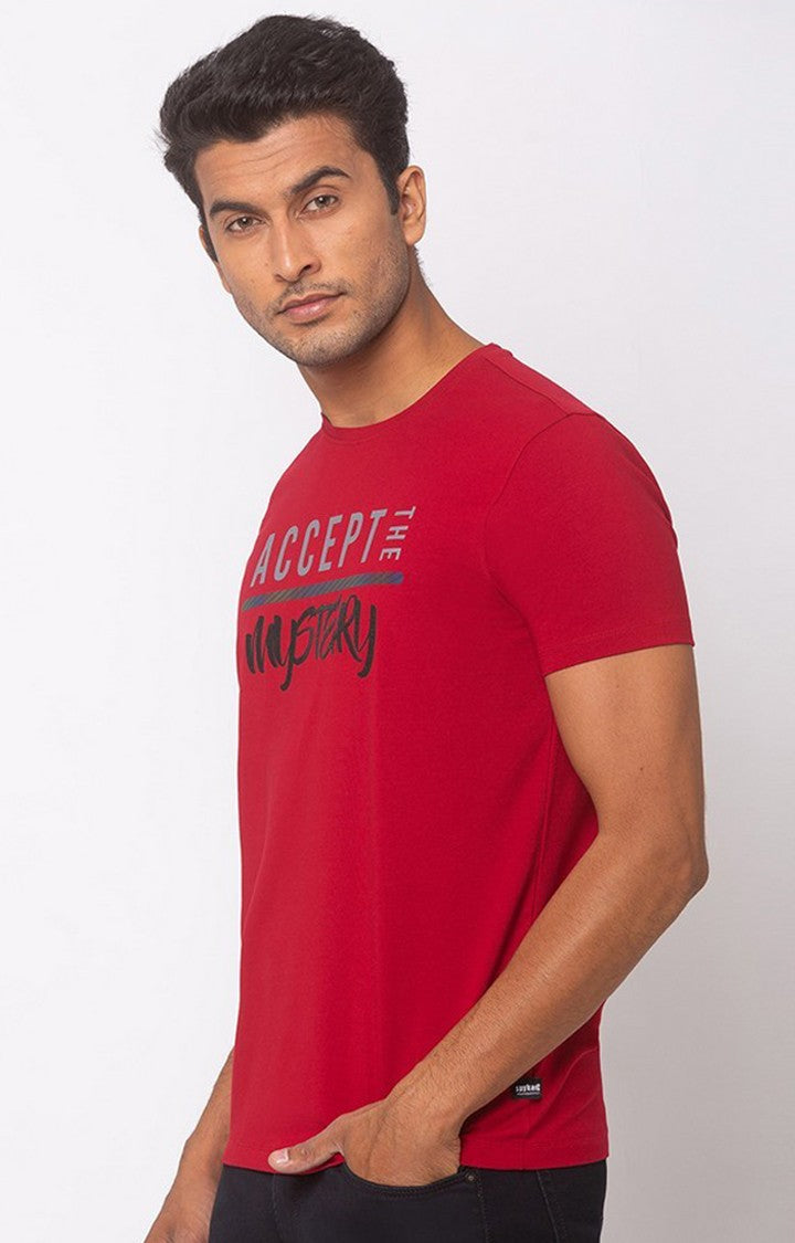 Spykar Red Cotton Slim Fit T-Shirt For Men