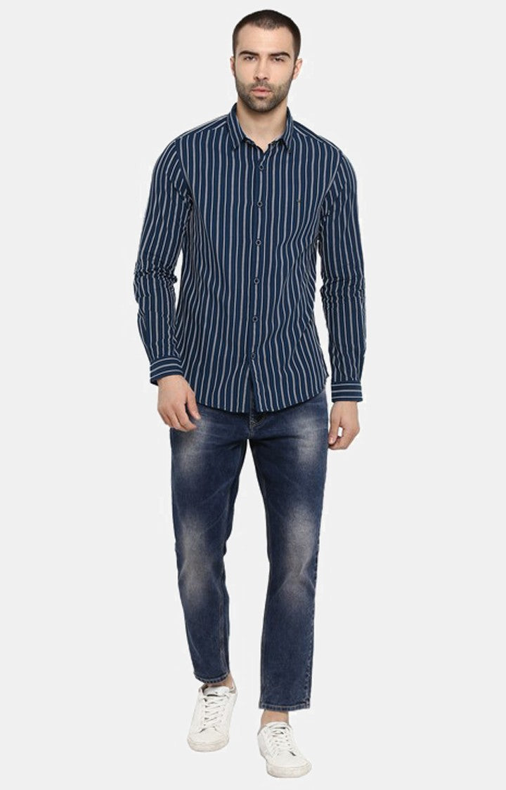 Spykar Men'S Blue Cotton Striped Casual Shirts