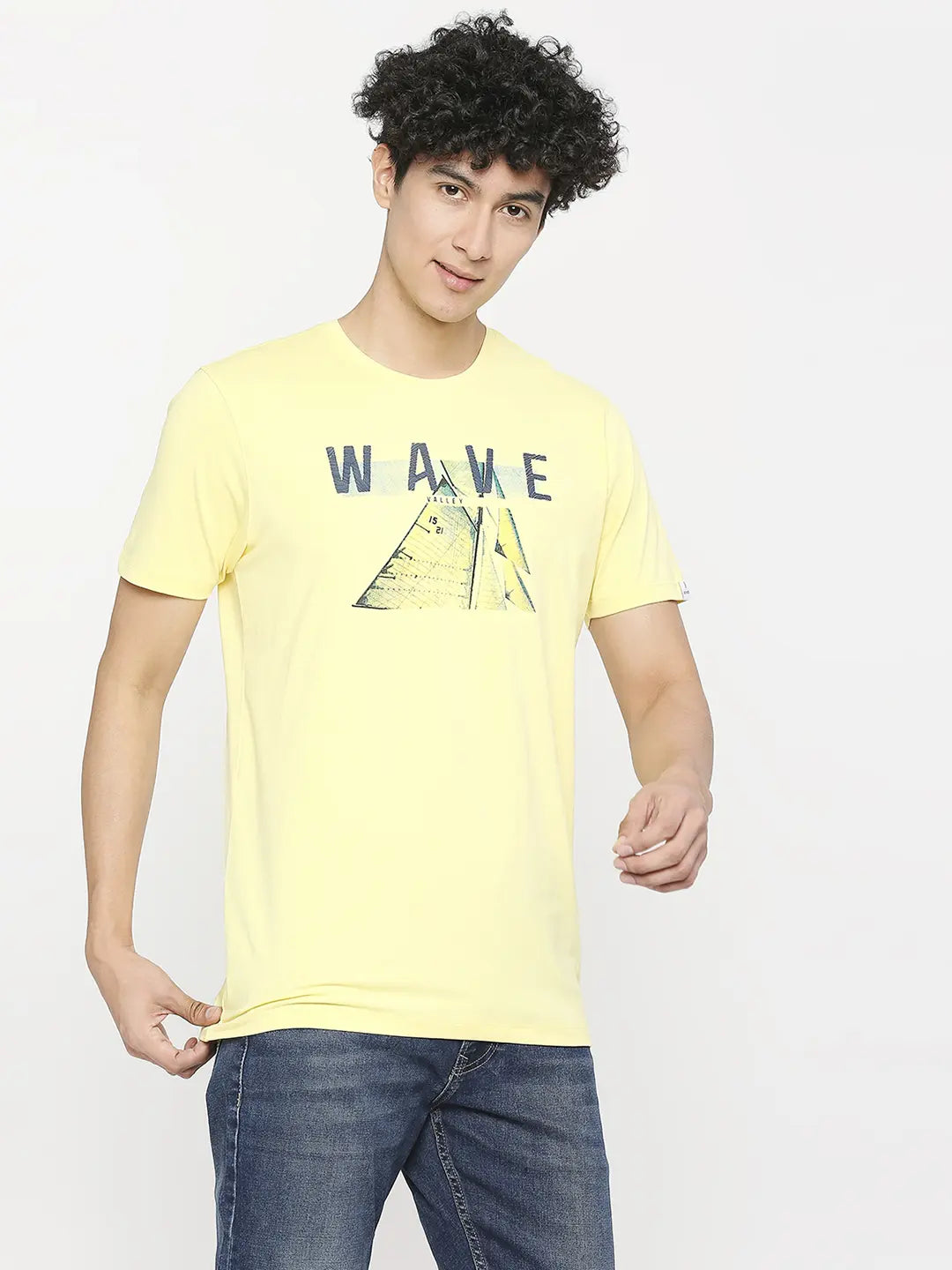 Spykar Men Powder Yellow Cotton Slim Fit Round Neck Printed T-Shirt