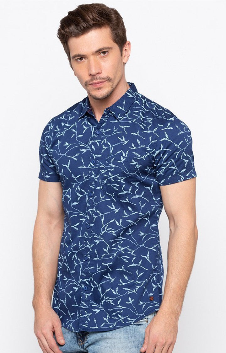 Spykar Men'S Blue Cotton Printed Casual Shirts