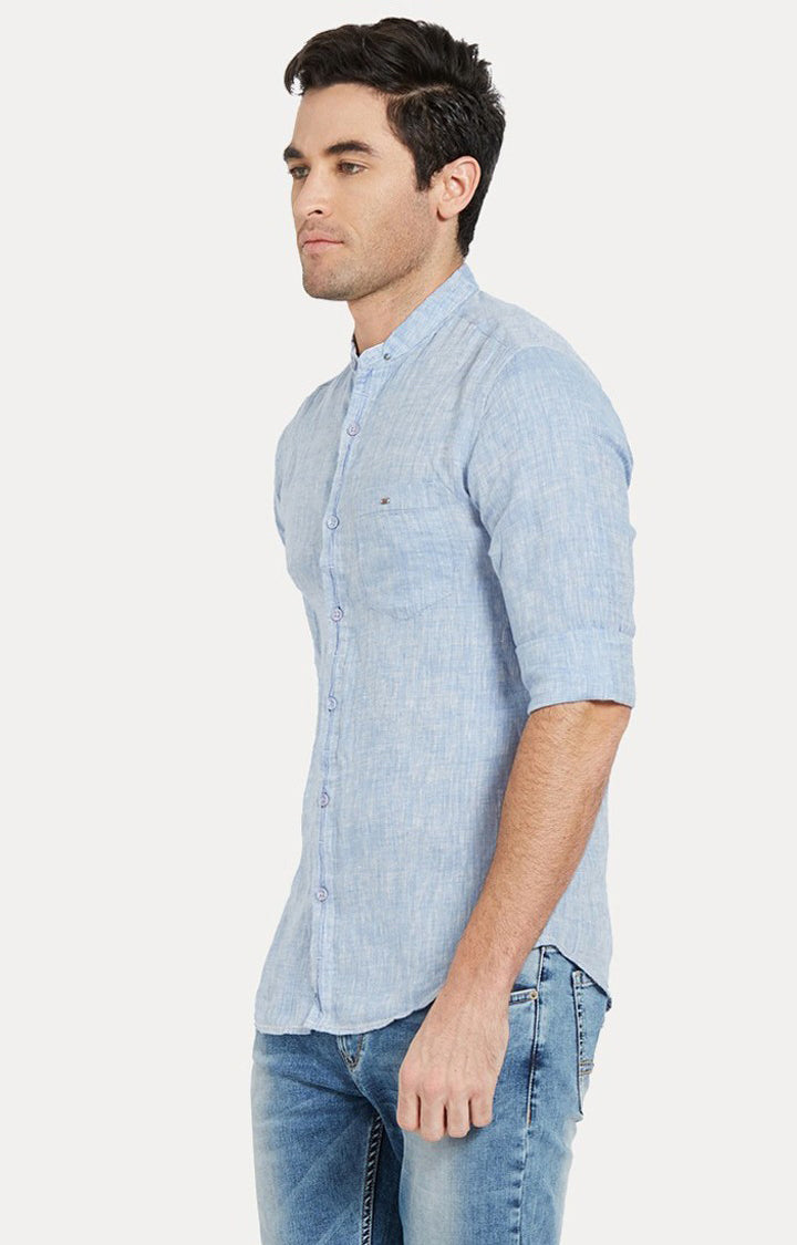 Spykar Men'S Blue Linen Melange Casual Shirts