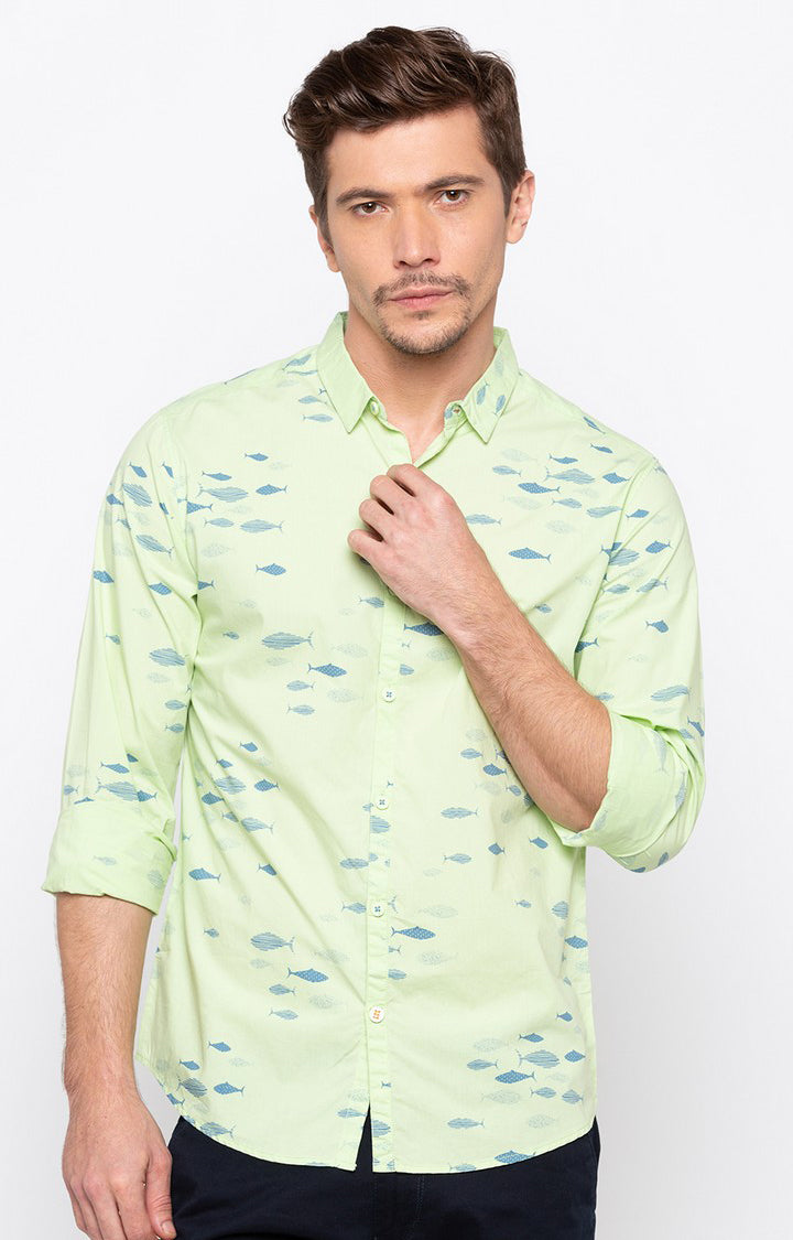 Spykar Men'S Green Cotton Printed Casual Shirts