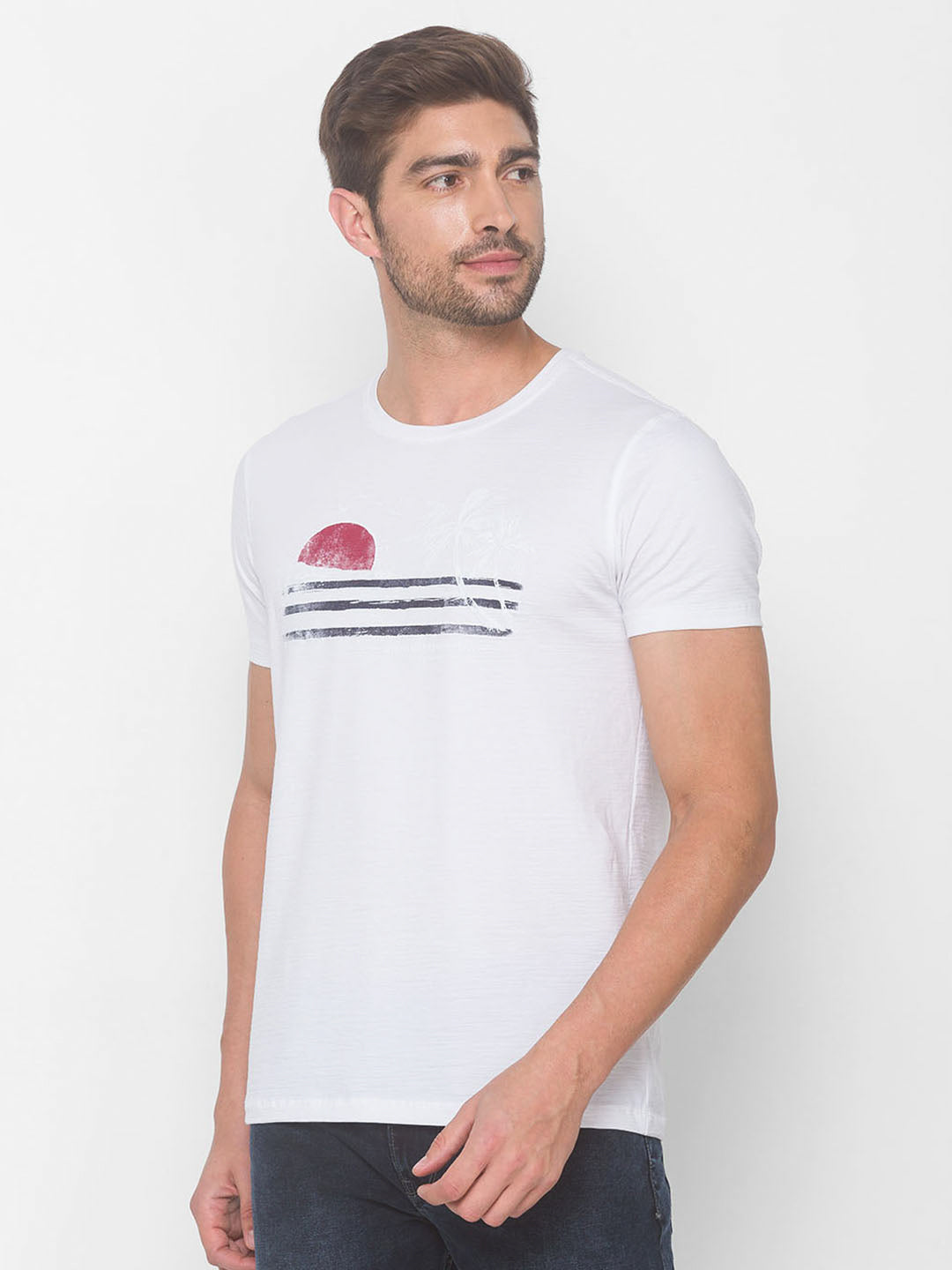 Spykar Men White Cotton Blend Slim Fit Round Neck T-Shirt