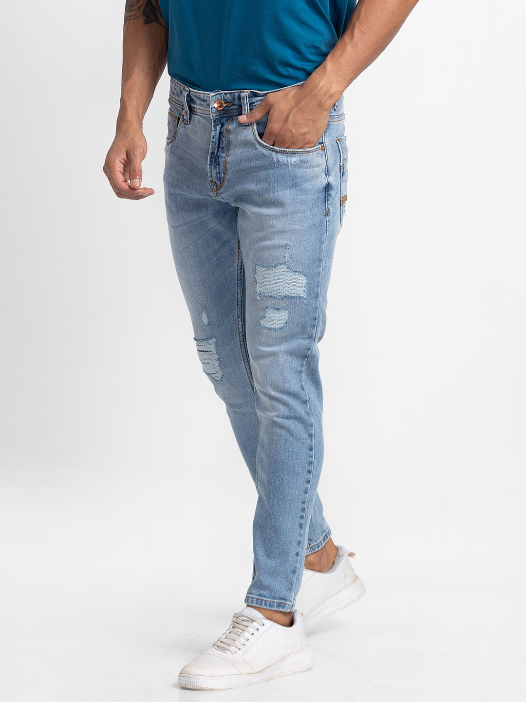 Spykar Vintage Blue Cotton Slim Fit Tapered Length Jeans For Men (Kano)