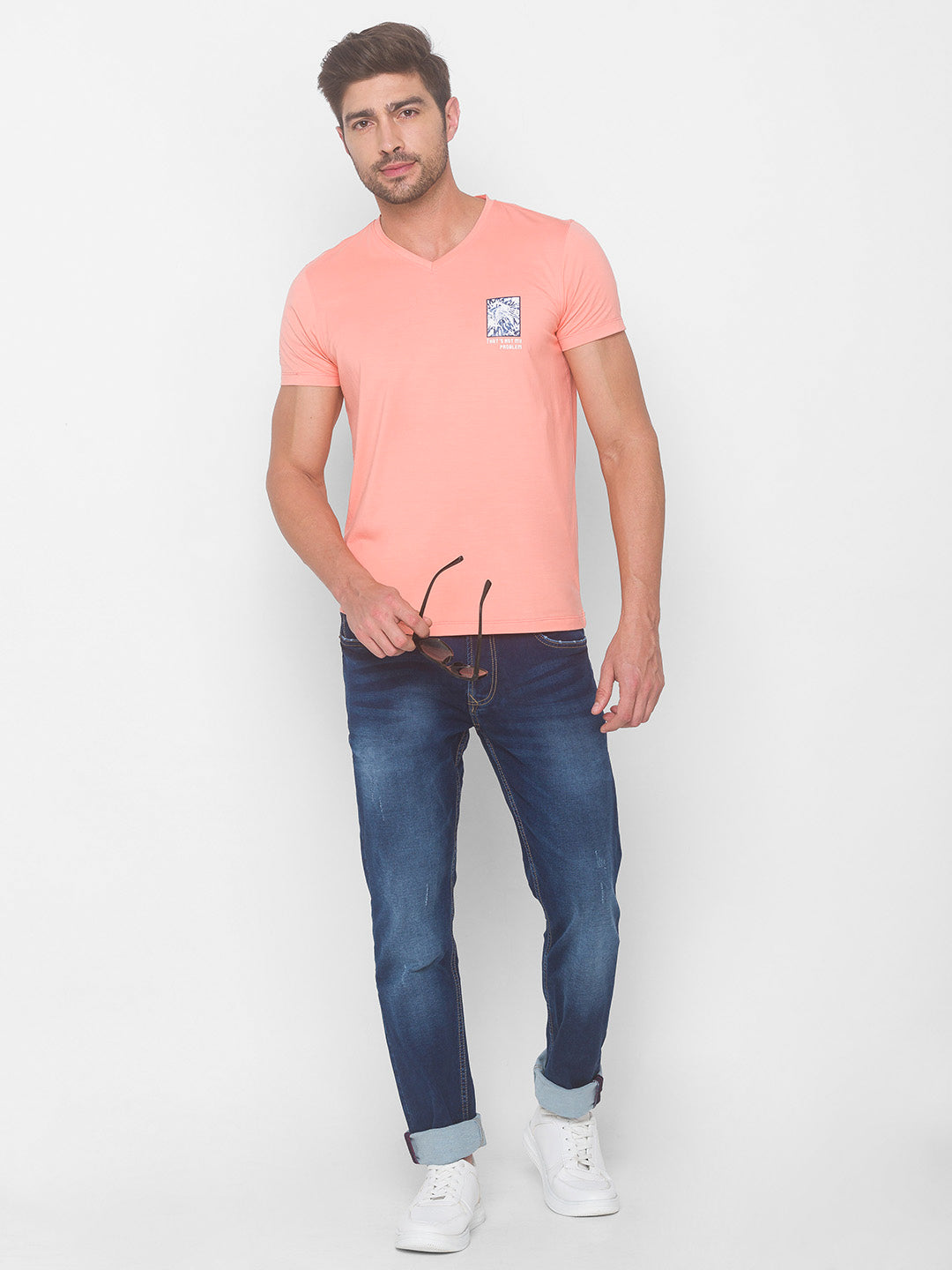 Spykar Men Pink Cotton Slim Fit V-Neck T-Shirt