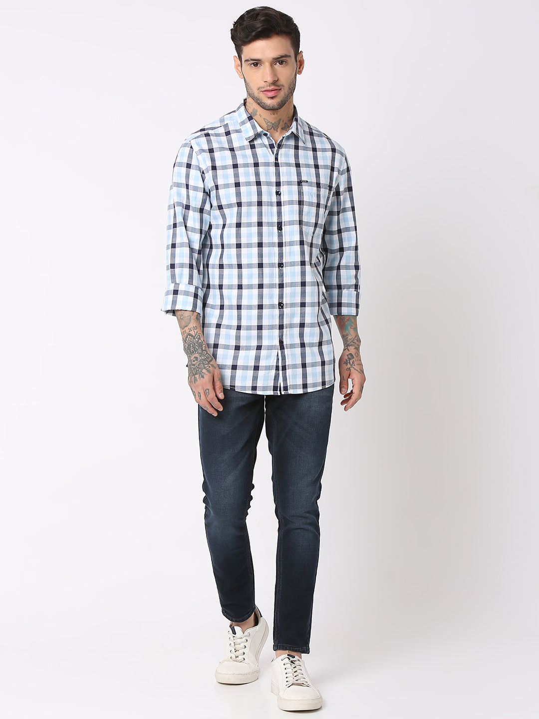 Spykar Men Sky Blue Cotton Regular Fit Checkered Shirts