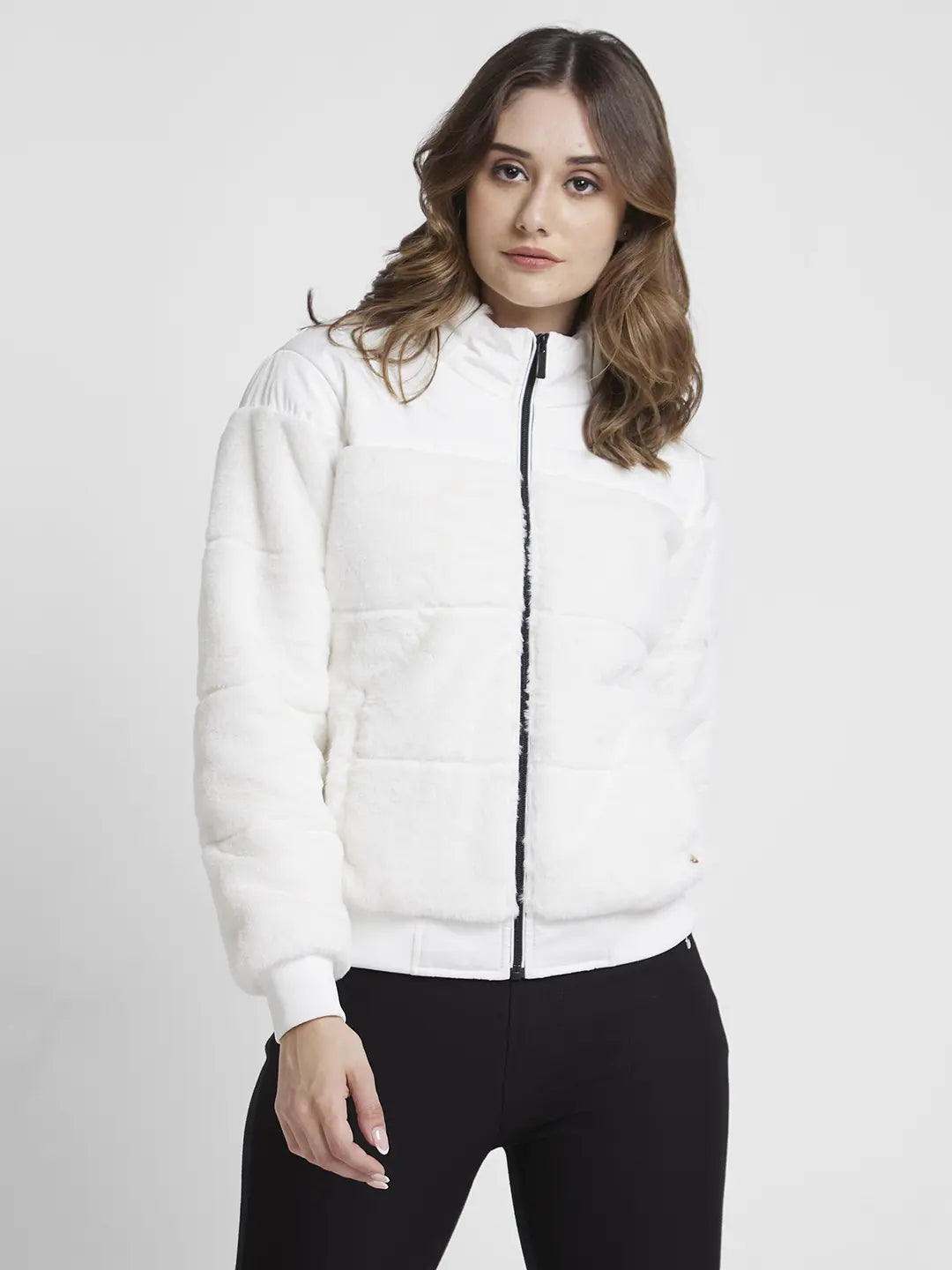 Shop Women White Regular Fit High Neck Plain Jacket Spykar