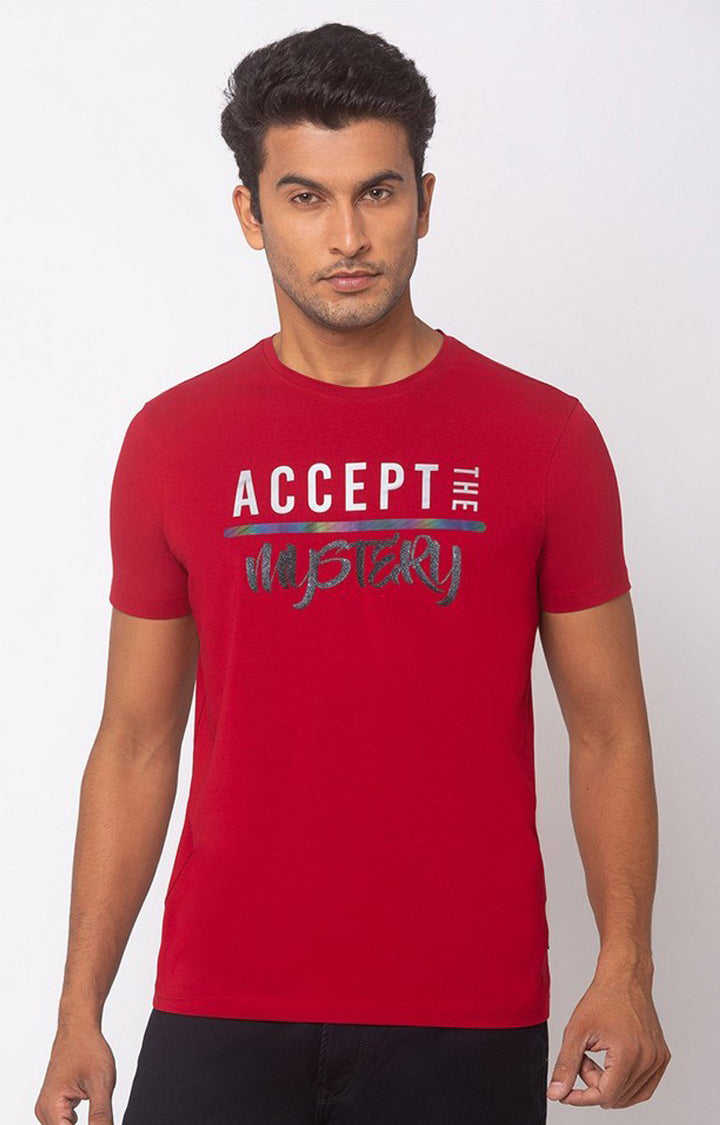 Spykar Red Cotton Slim Fit T-Shirt For Men