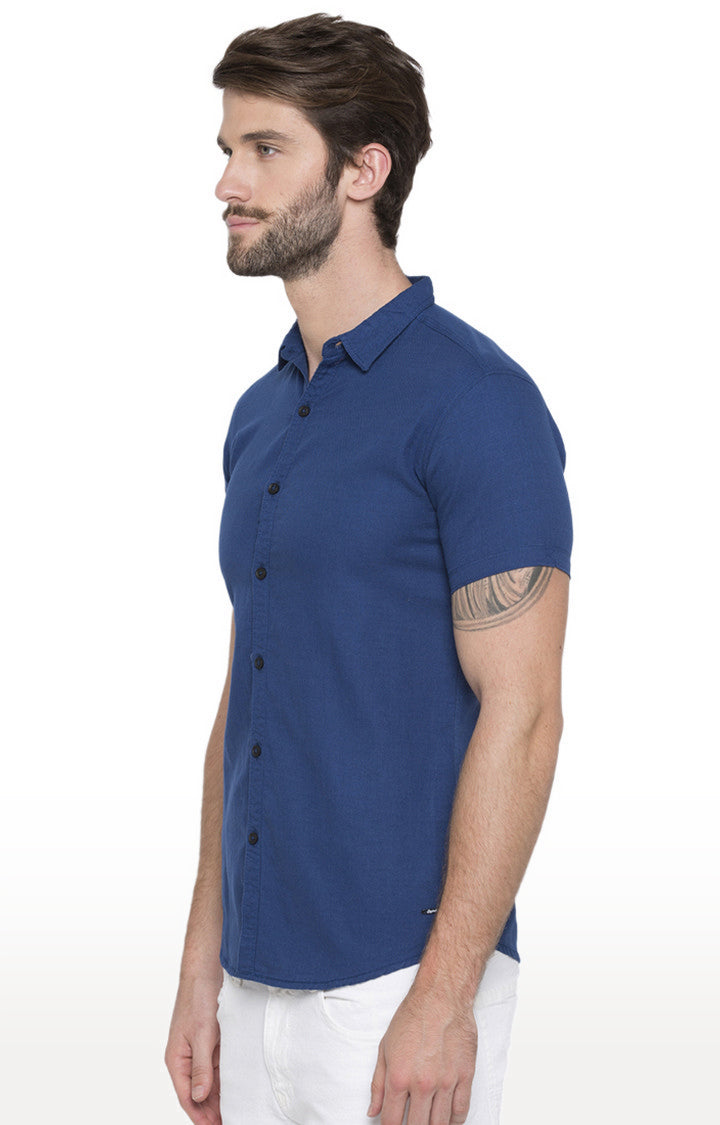 Spykar Men'S Blue Cotton Solid Casual Shirts