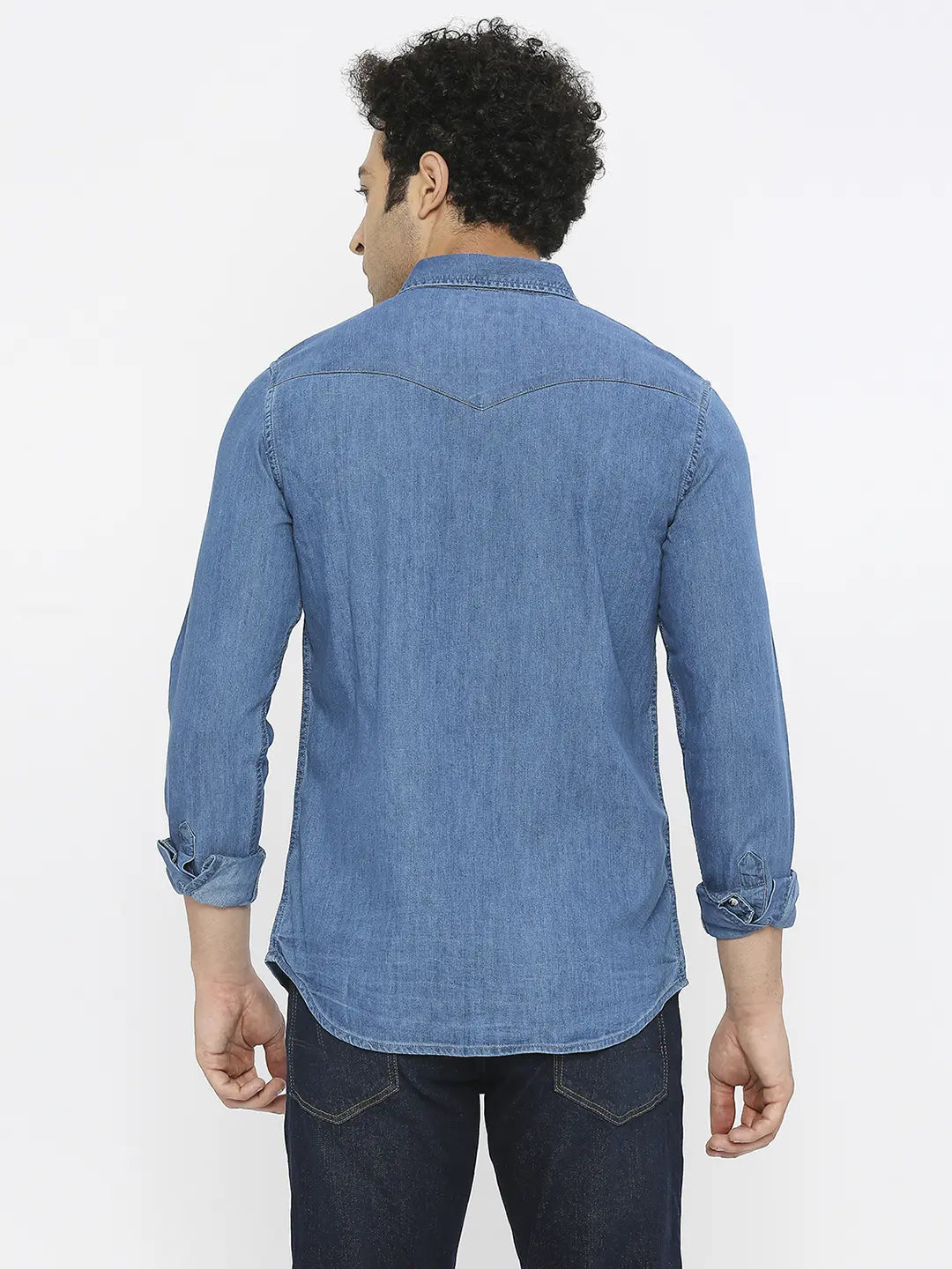 Buy Online|Spykar Men Indigo Blue Cotton Slim Fit Half Sleeve Denim Shirt
