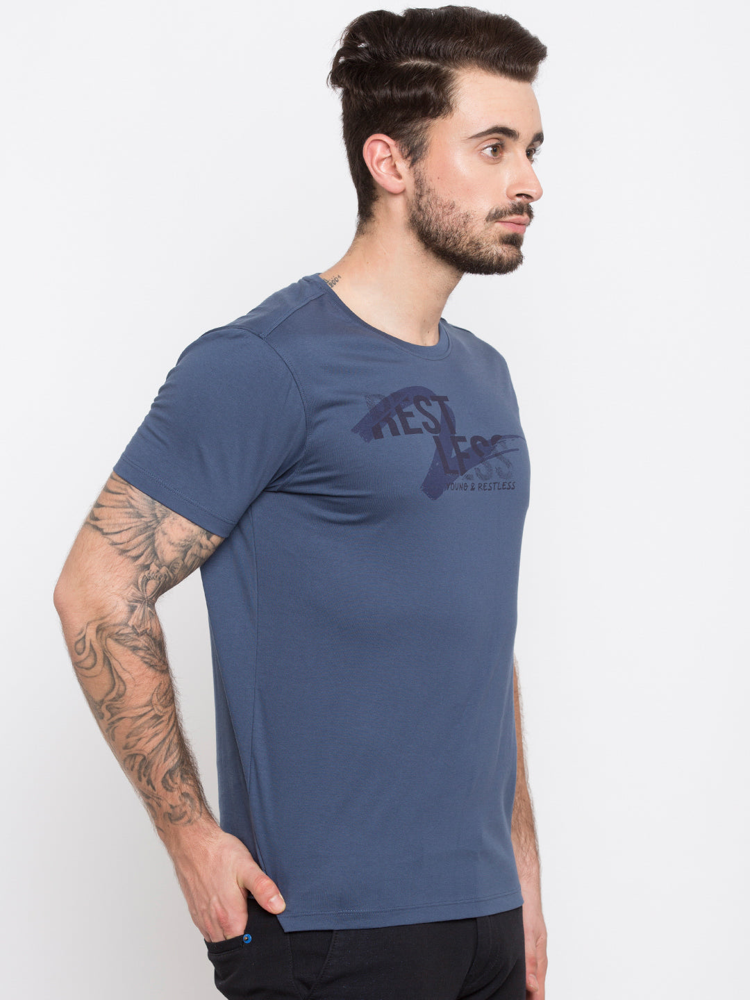 Spykar Men Blue Cotton Slim Fit Round Neck T-Shirt