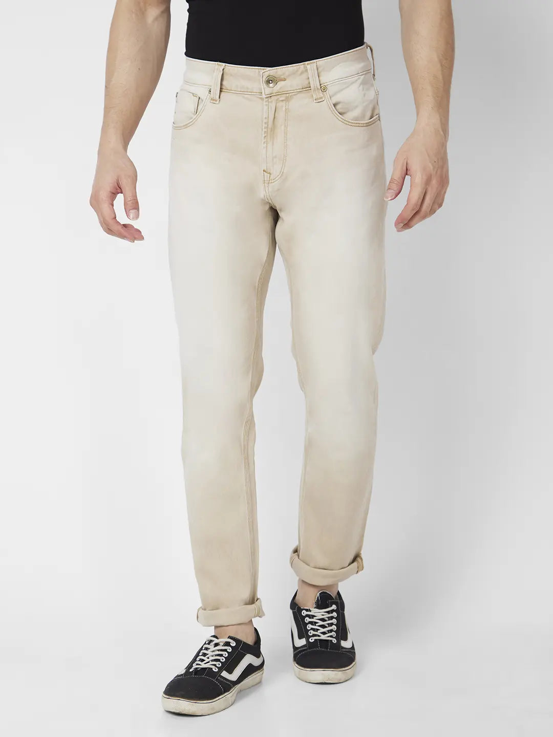 Spykar Men Light Sand Cotton Stretch Slim Fit Narrow Length Clean Look Low Rise Jeans (Skinny)