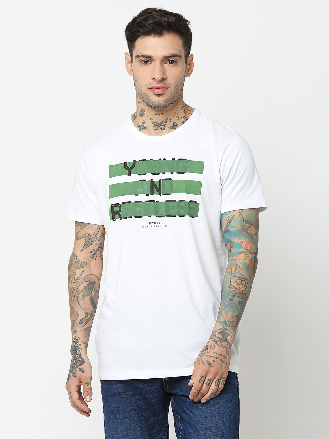 Spykar Men White Cotton Slim Fit Round Neck Printed T-Shirt