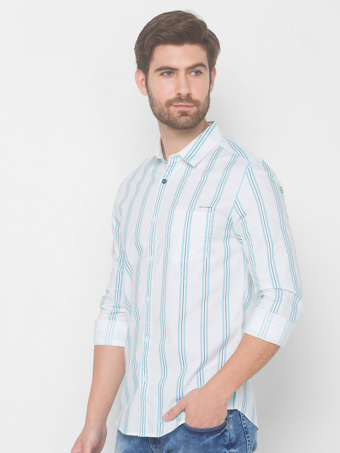 Spykar Men Aqua Blue Cotton Slim Fit Shirt