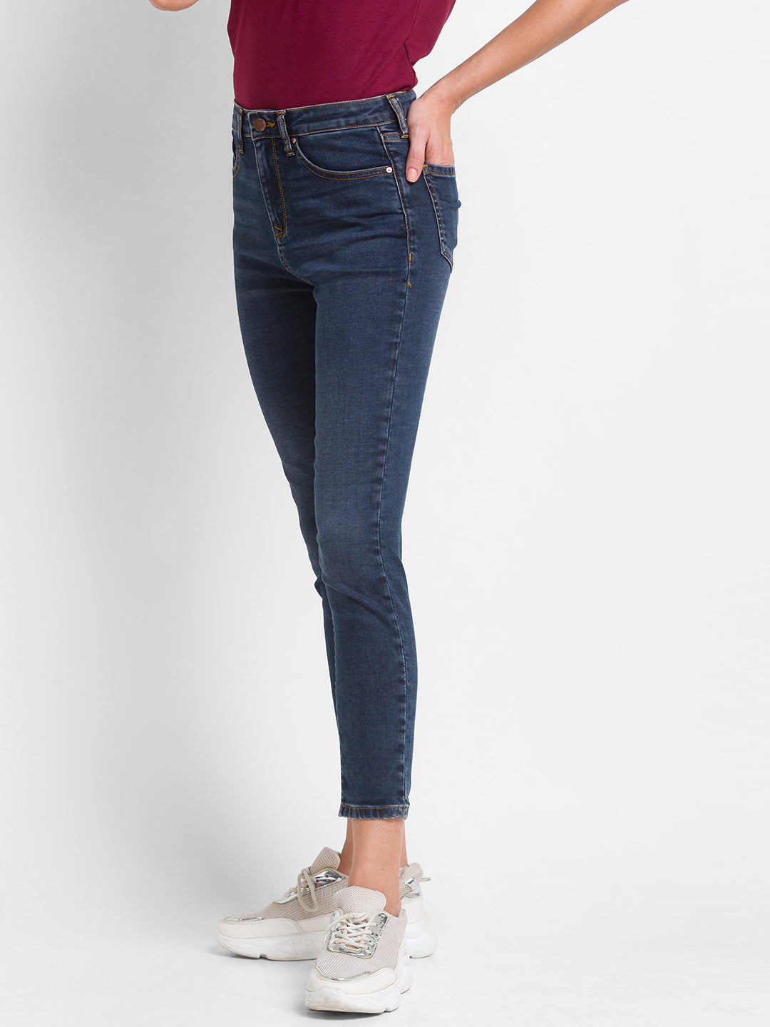 Spykar Dark Blue Lycra Super Skinny Ankle Length Jeans For Women (Alexa)