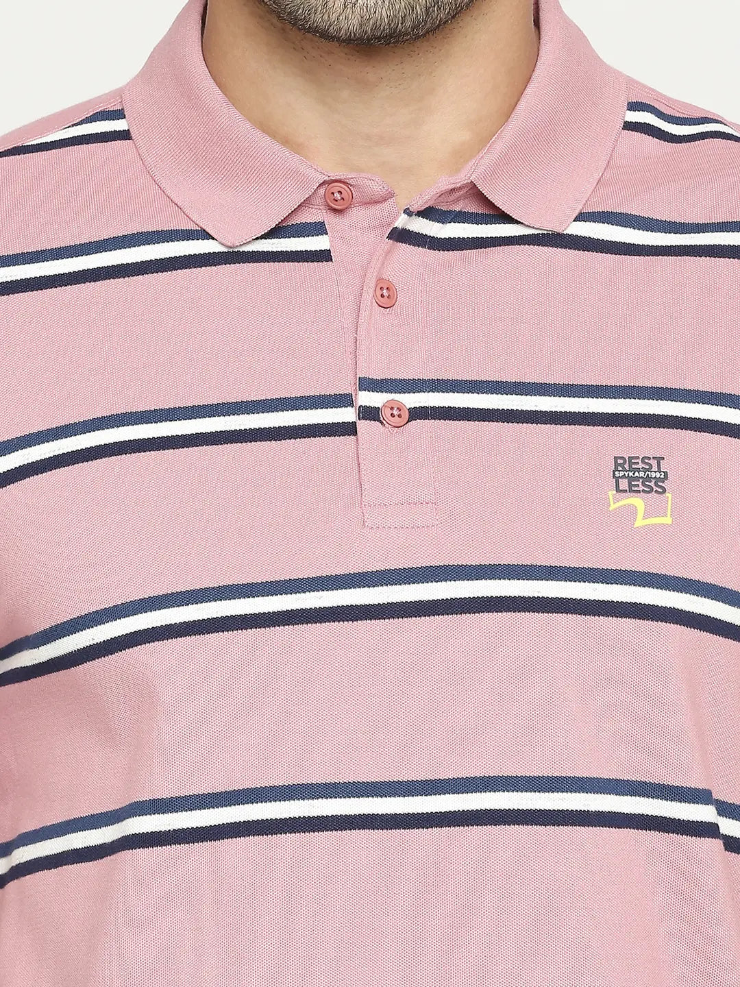 Spykar Men Pink Blended Regular Fit Striped Polo Tshirt