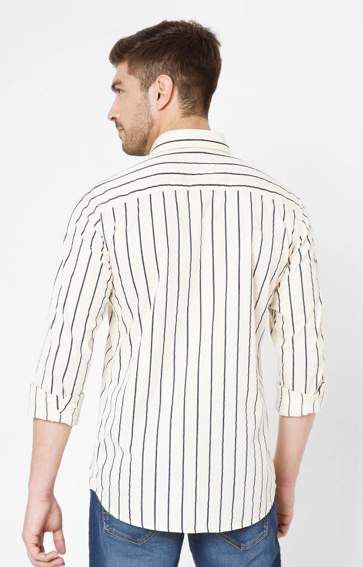 Spykar Beige Cotton Striped Slim Fit Shirts For Men