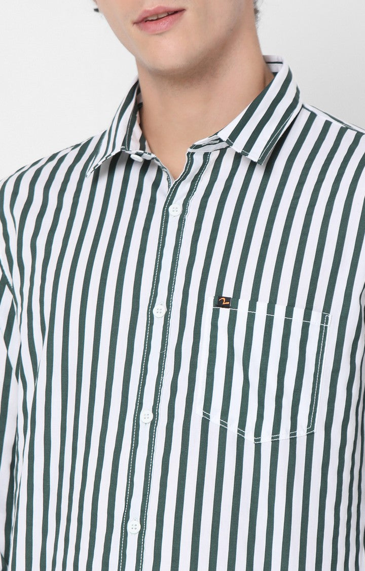 Spykar Slim Fit Green Striped Full Sleeve Shirts For Men