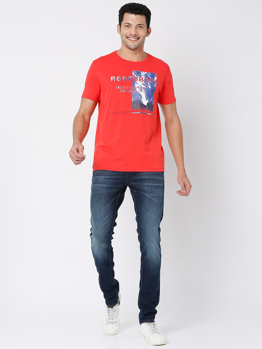 Spykar Coral Cotton Half Sleeve Printed Casual T-Shirt For Men