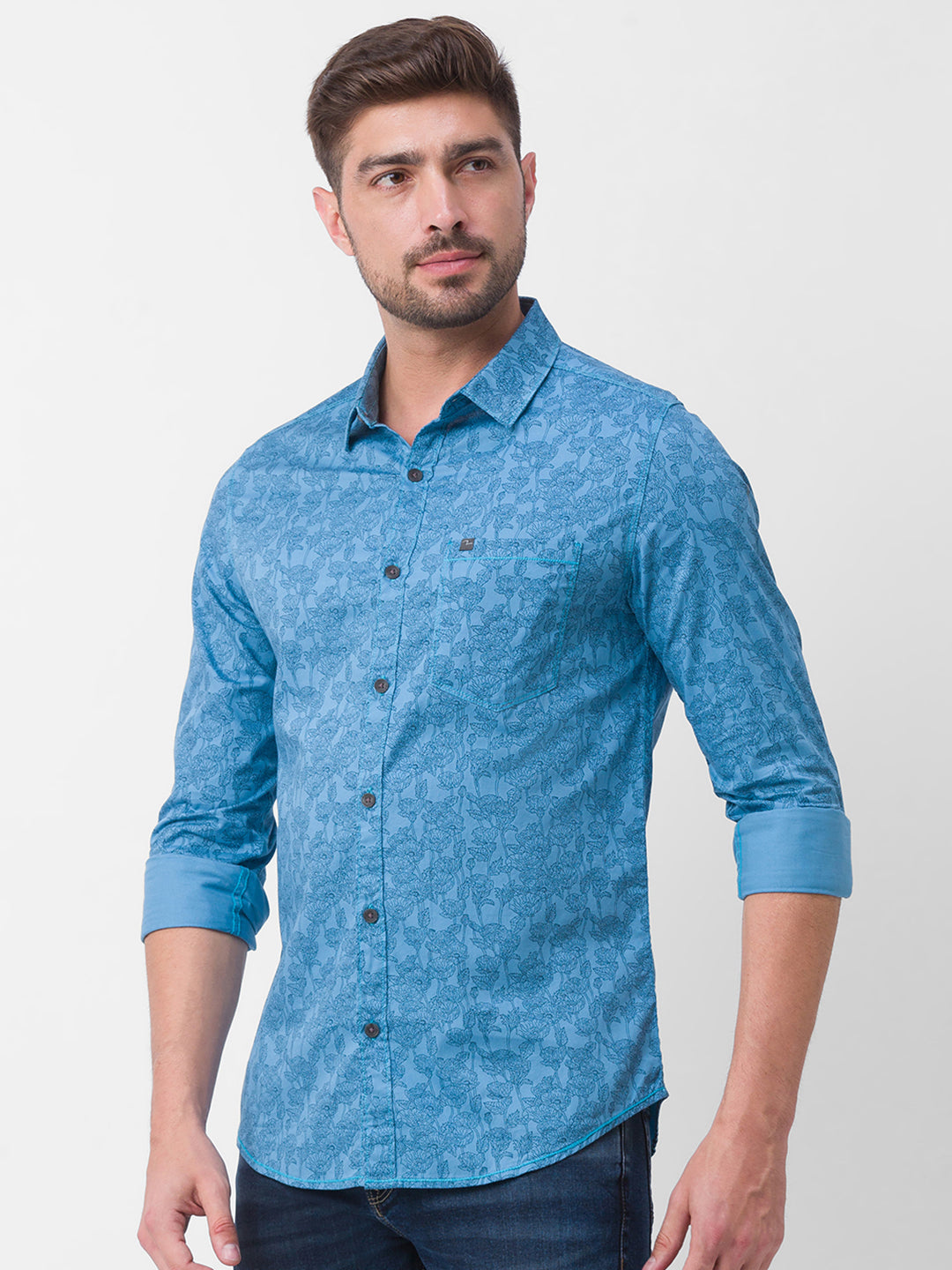 Spykar Sulphur Grey Cotton Full Sleeve Printed Shirt For Men