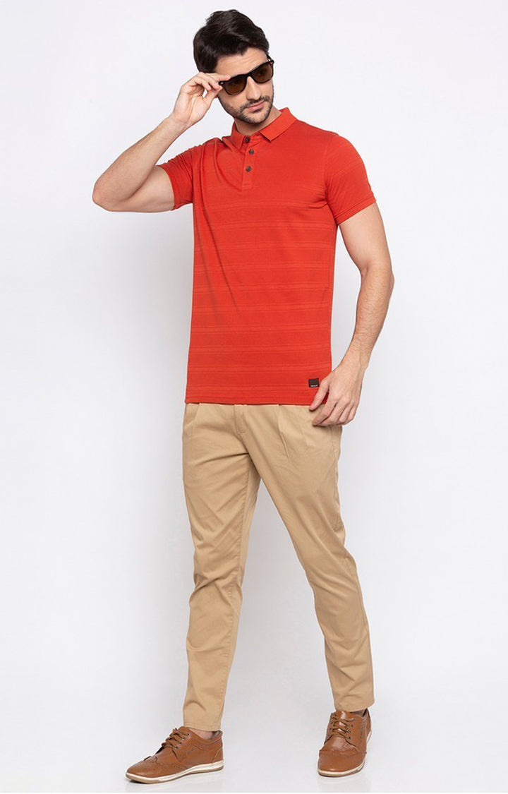 Spykar Red Cotton Slim Fit T-Shirt For Men