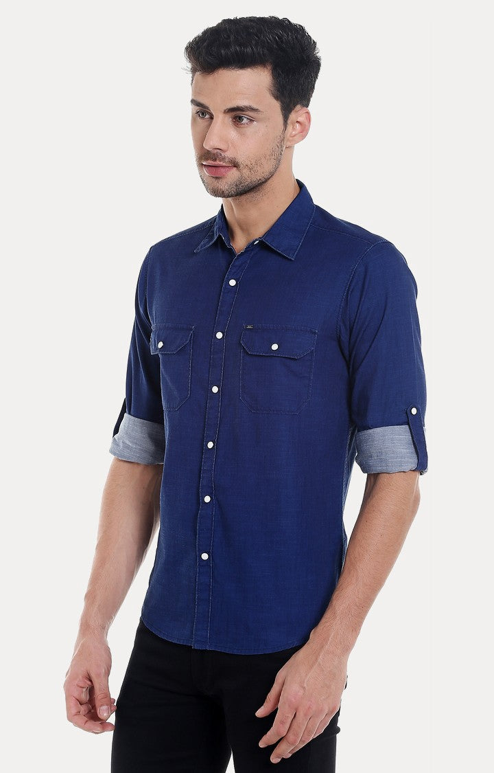 Spykar Men'S Blue Cotton Solid Casual Shirts