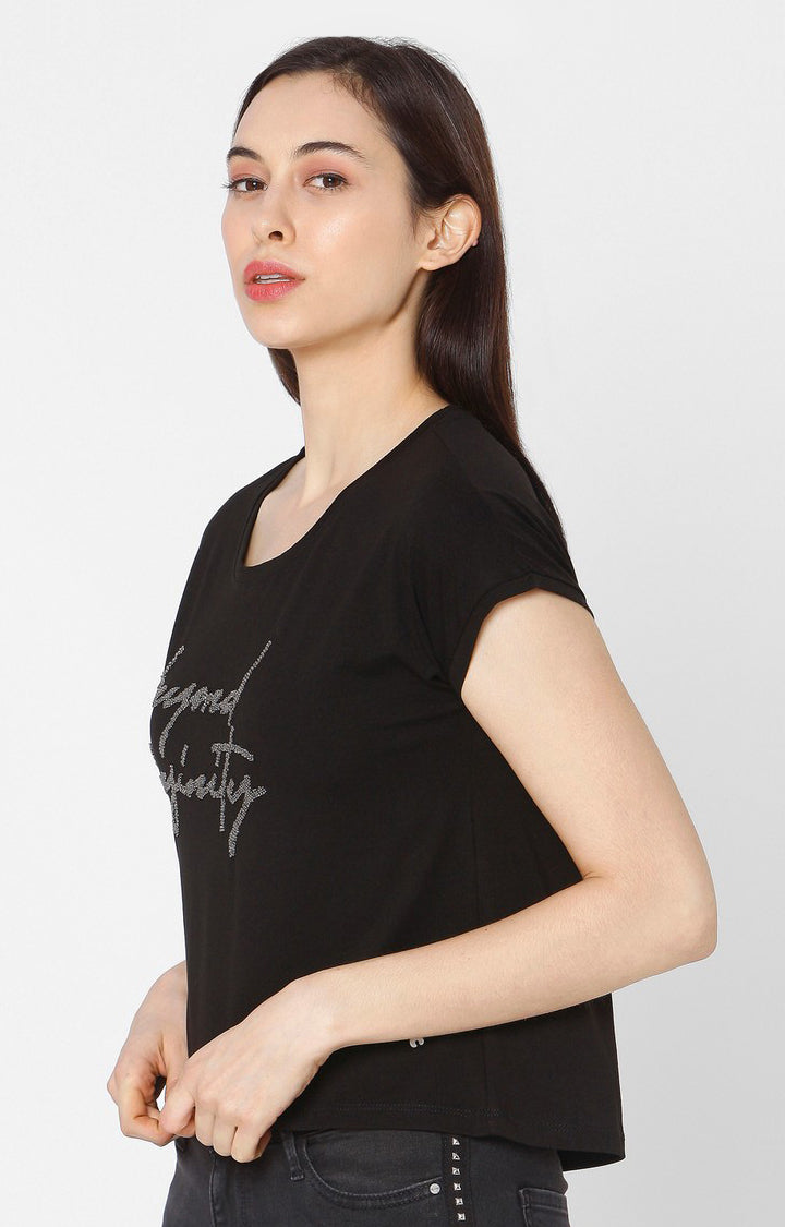 Spykar Women Black Cotton Slim Fit Round Neck T-Shirt