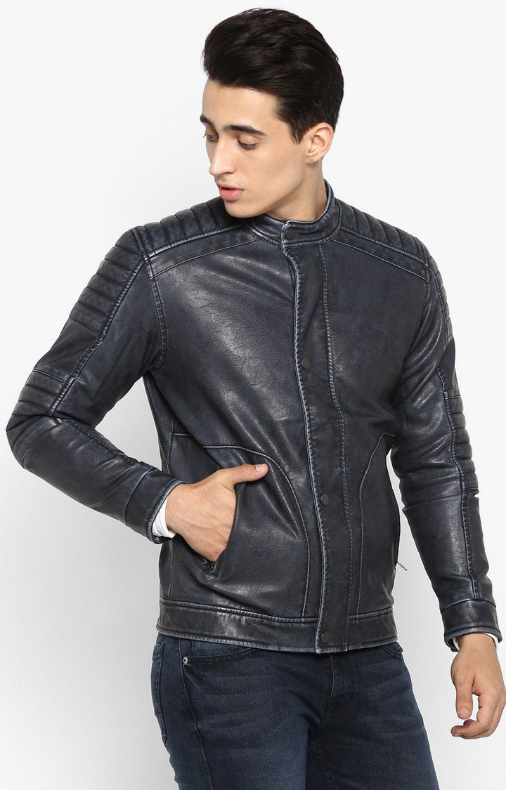 Spykar Men Navy Solid Slim Fit Leather Jacket