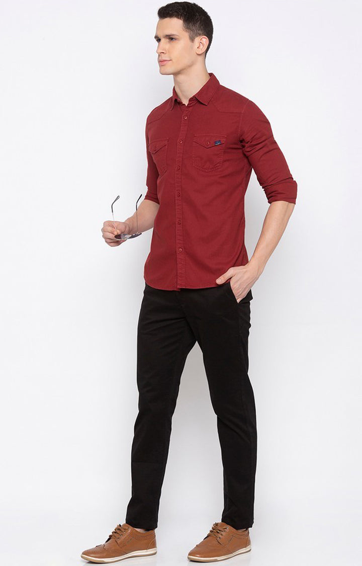 Spykar Red Cotton Slim Fit Shirts For Men