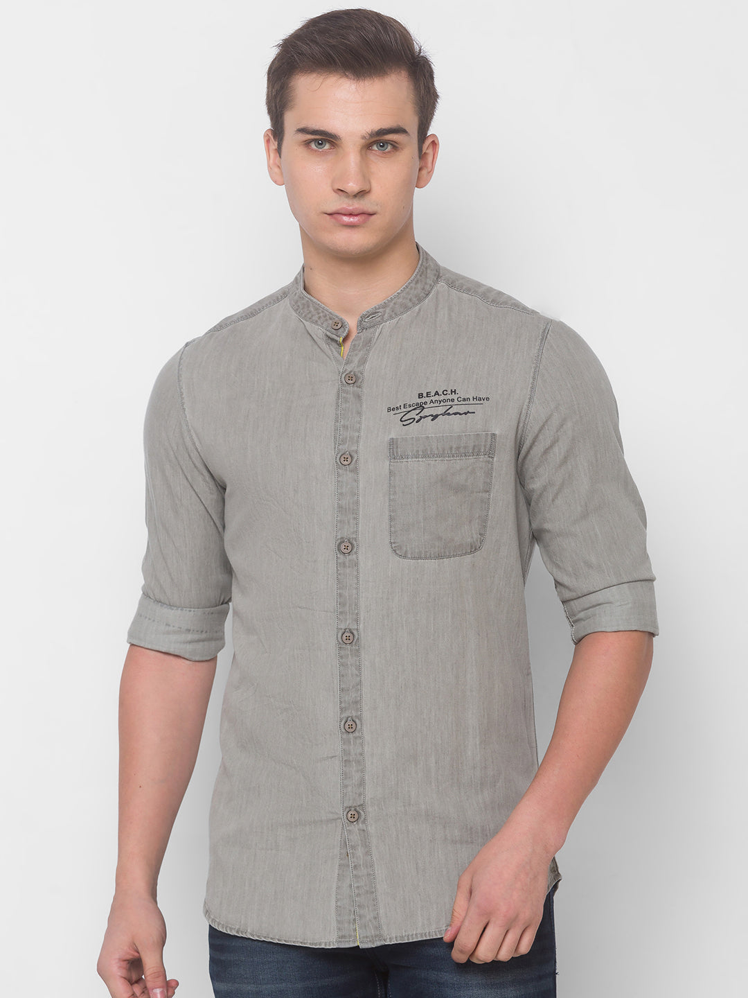 Spykar Men Ash Grey Cotton Shirts (Slim)