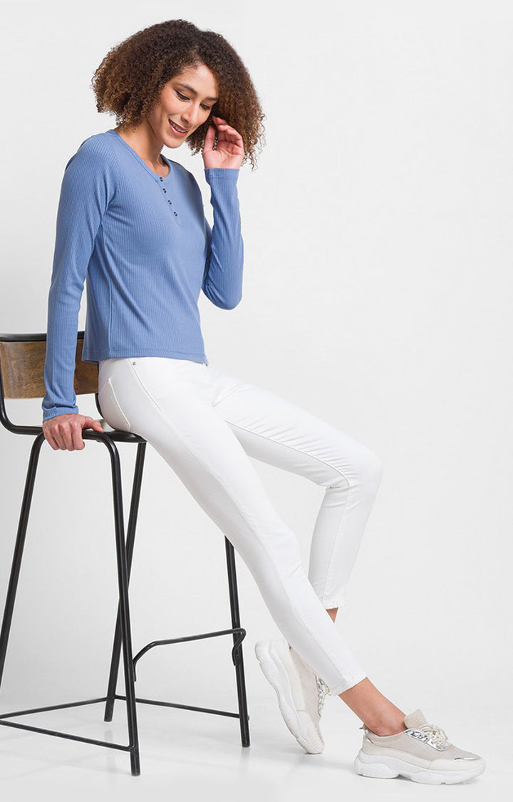 Spykar Infinity Blue Cotton Blend Full Sleeve Plain Casual T-Shirt For Women